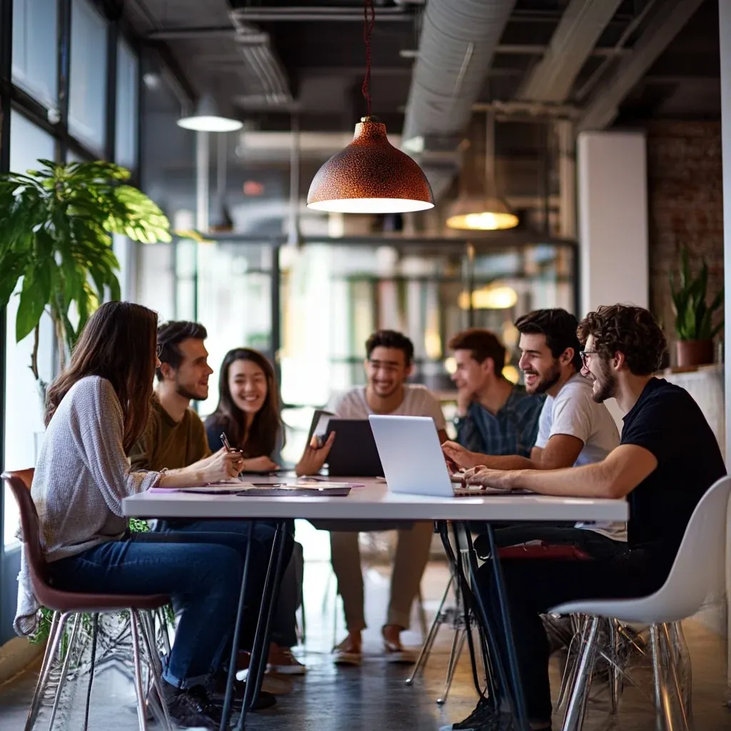 A diverse group of young professionals collaborating in a modern office space with industrial lighting and plants